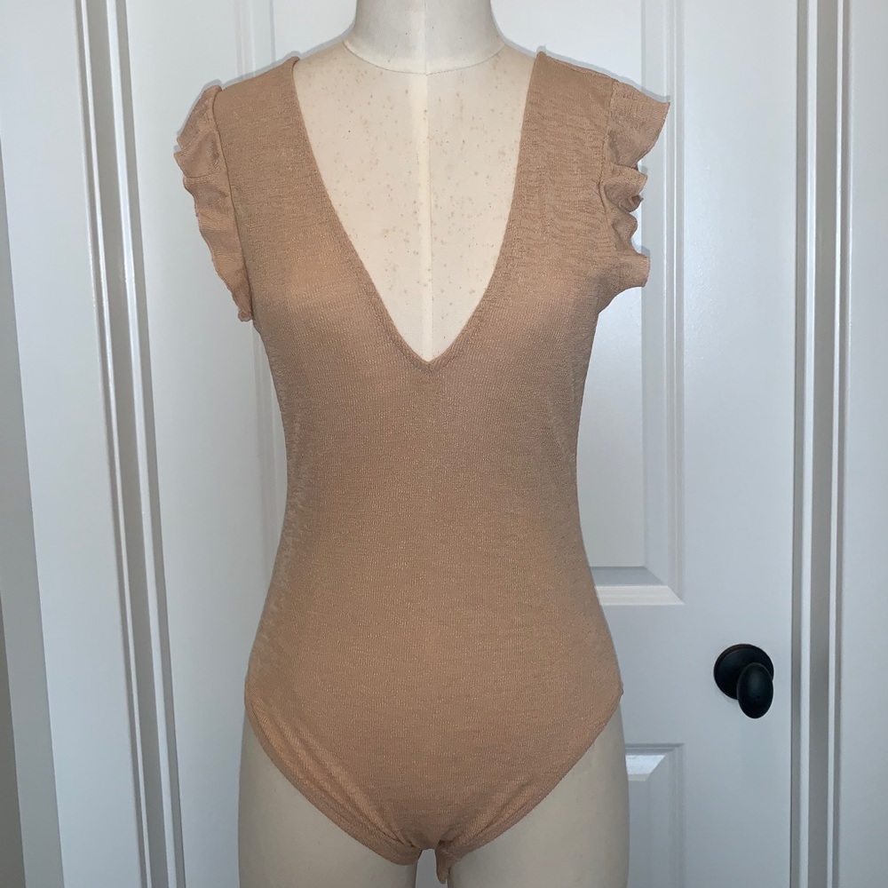 uo shimmering light pink/nude ruffle bodysuit